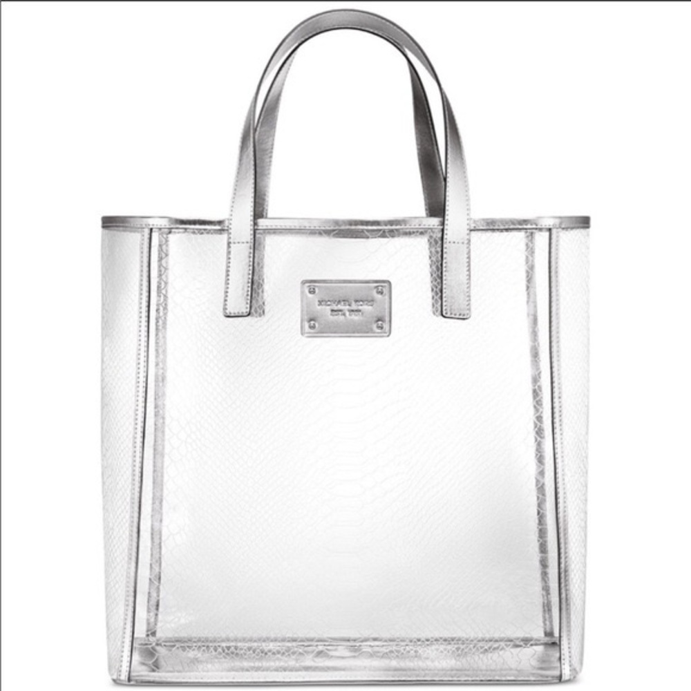 2 piece Michael Kors Transparent Silver Trim Beach Tote & Pink MK Clutch set